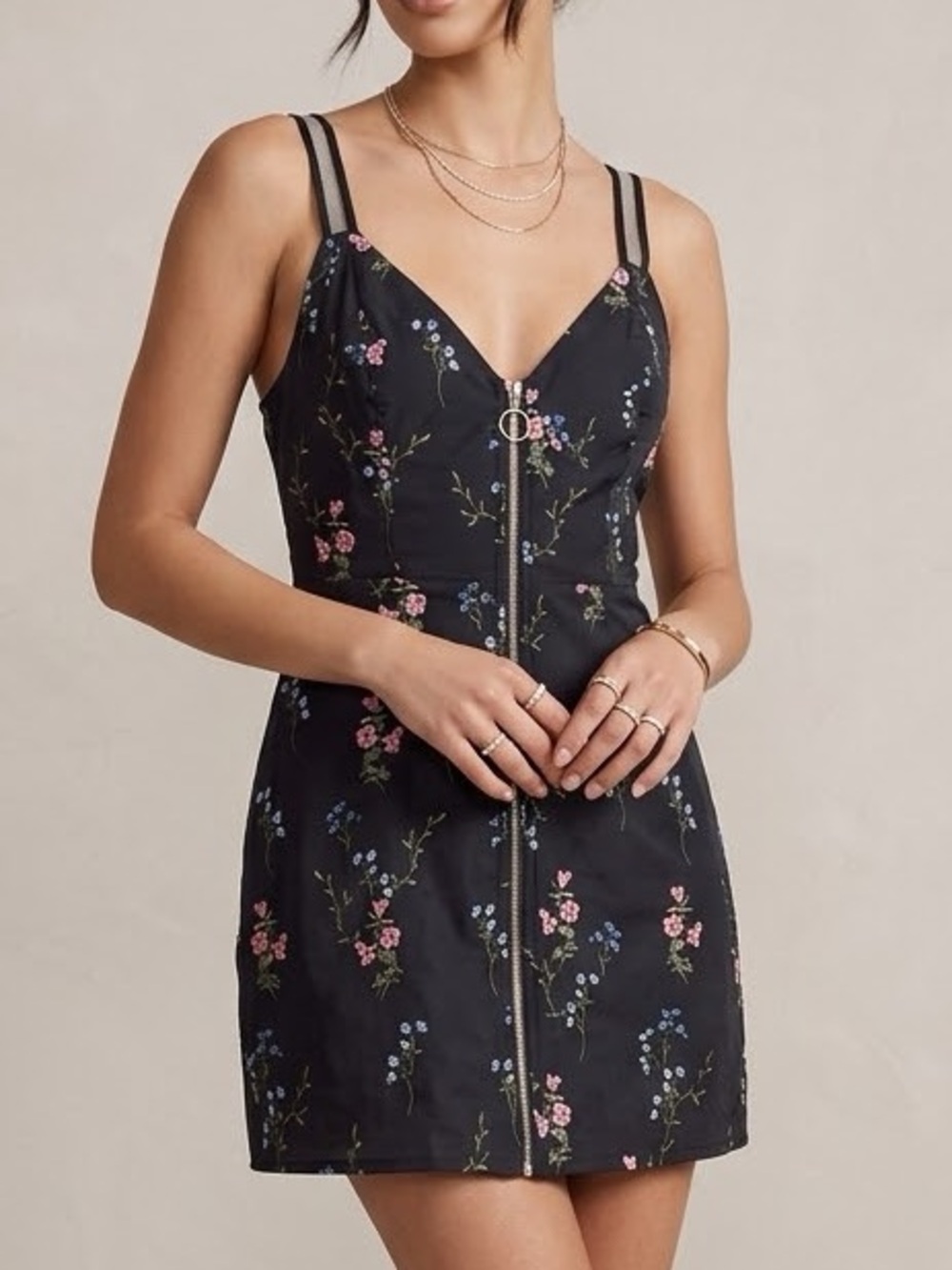For Love & Lemons Black Floral Mini Dress Mesh Straps Zip Front CD1853-SP19